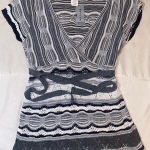 Say What Vtg Y2K Womens Baby Doll Tunic Top Gray Black Crochet Knit V Neck Sz S